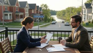 Realtor advising a landlord with insurance documents in front of Georgetown, Ontario homes