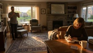 Homeowner photographing a cozy living room and journaling at a table in a Georgetown, Ontario home during golden hour