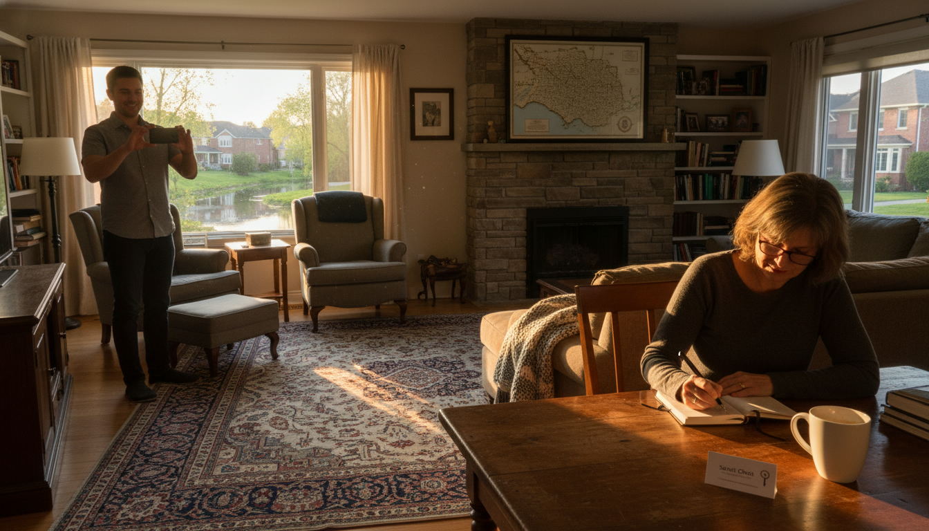 Homeowner photographing a cozy living room and journaling at a table in a Georgetown, Ontario home during golden hour