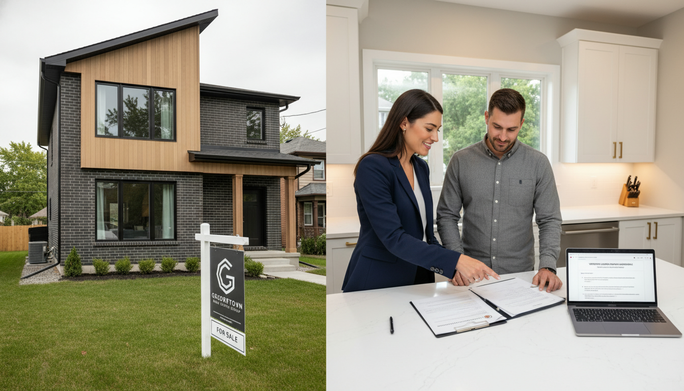 Realtor and seller reviewing a mortgage pre-approval letter inside a Georgetown home with a for sale sign outside
