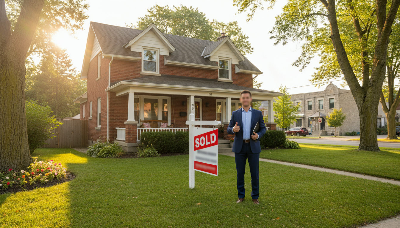 Suburban Georgetown, Ontario house with SOLD sign and realtor holding clipboard, Main Street in background