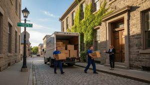 Movers and realtor coordinating a move on a historic street in Georgetown, Ontario