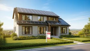 Modern energy-efficient home in Georgetown with solar panels and an 'Energy Efficient' for sale sign.