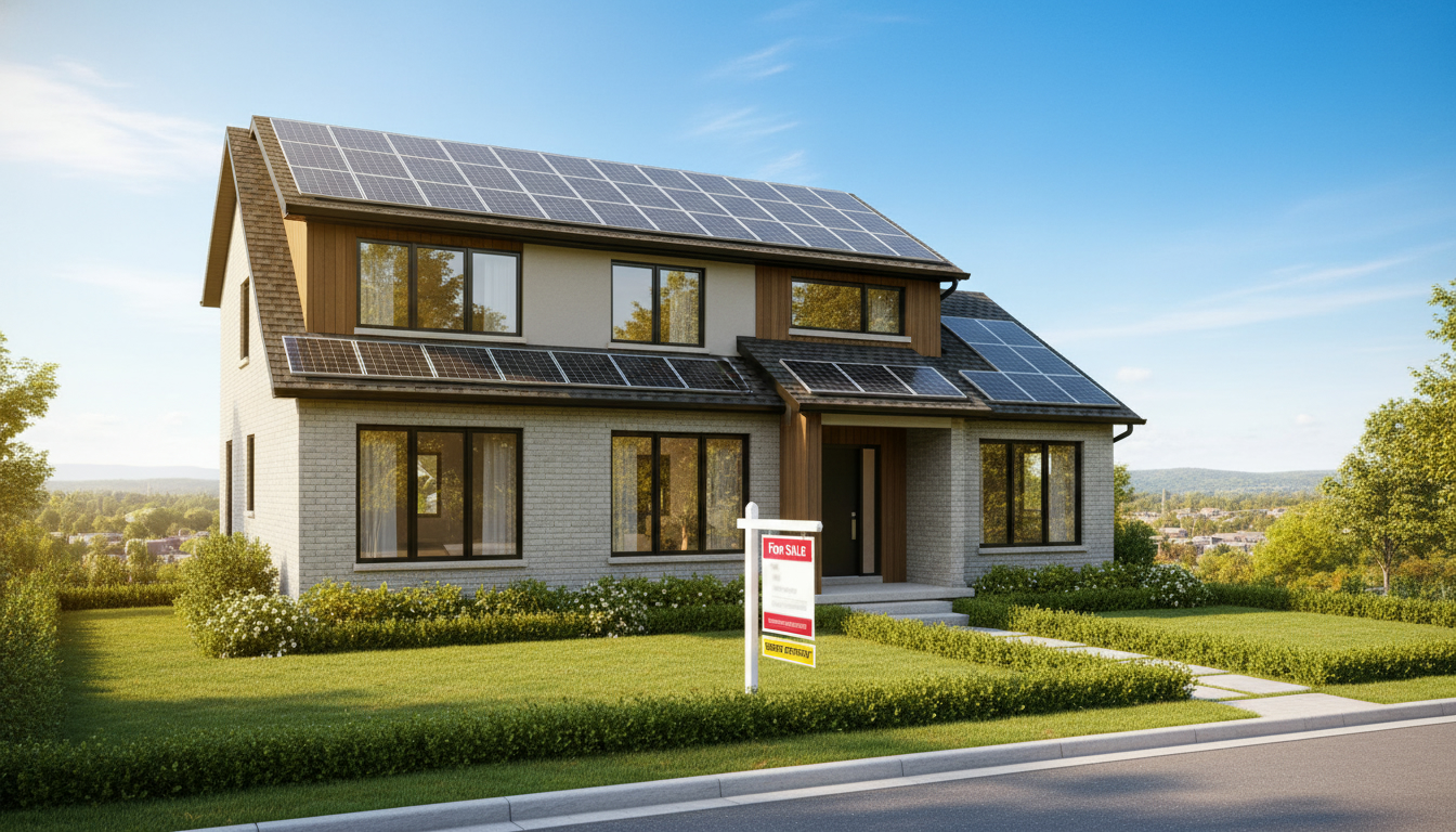 Modern energy-efficient home in Georgetown with solar panels and an 'Energy Efficient' for sale sign.