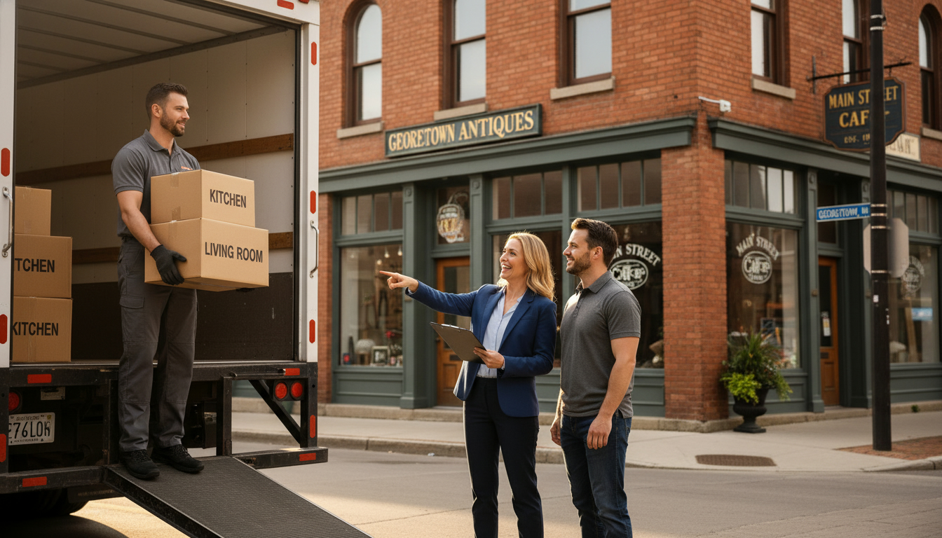 Mover unloading boxes in front of Georgetown, Ontario Main Street with realtor holding checklist