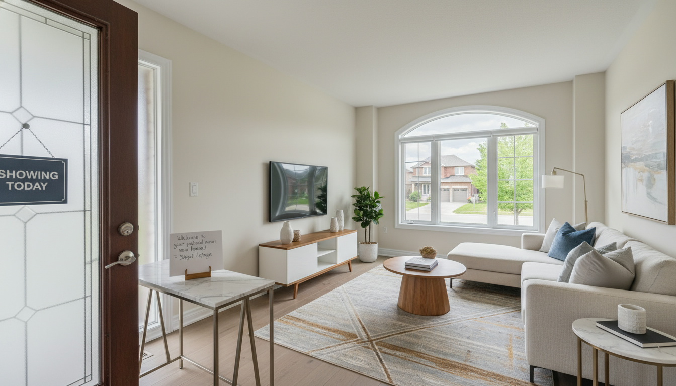 Staged living room in a Georgetown, Ontario home with a 'Showing Today' sign on the front door
