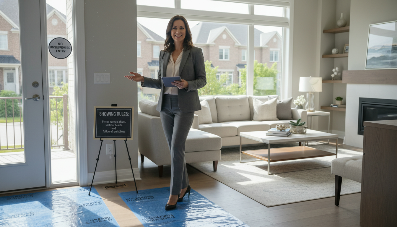 Realtor in a Georgetown home explaining showing rules and protective measures before a showing