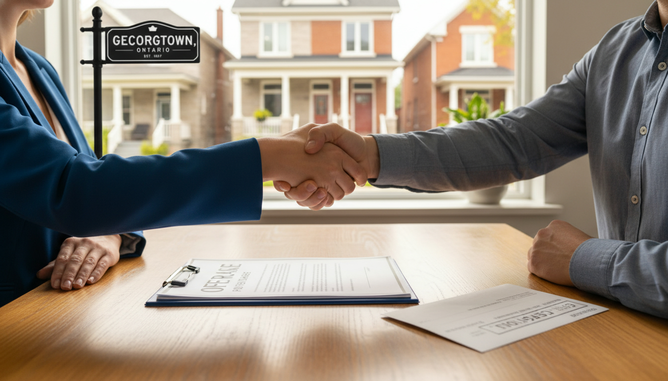 Realtor and homeowner signing an offer with a certified cheque on the table and Georgetown homes in the background.