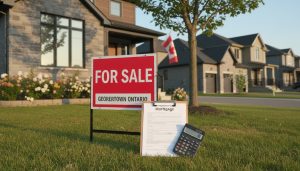 Georgetown Ontario house with for sale sign, mortgage documents and calculator on clipboard