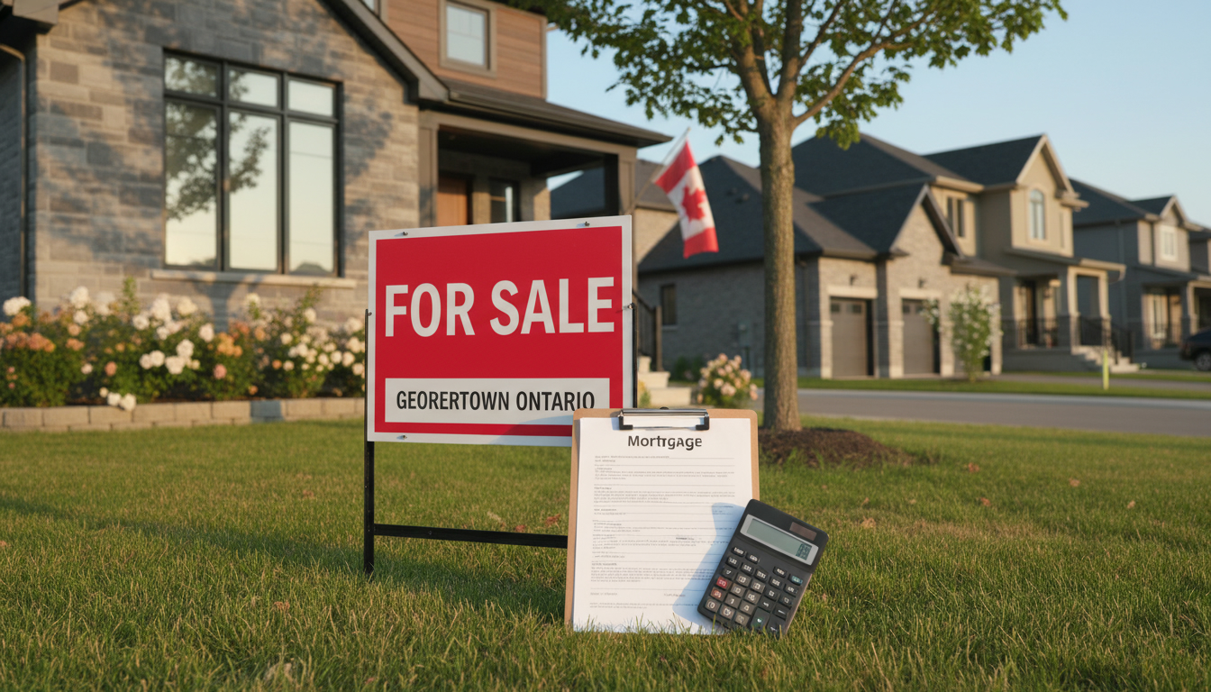 Georgetown Ontario house with for sale sign, mortgage documents and calculator on clipboard