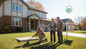 Home inspector pointing at foundation crack while realtor and homeowners discuss a Georgetown, Ontario house for sale