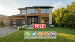 Georgetown Ontario home with Sold sign and icons for closing cost credit, home warranty, staging, and flexible closing.