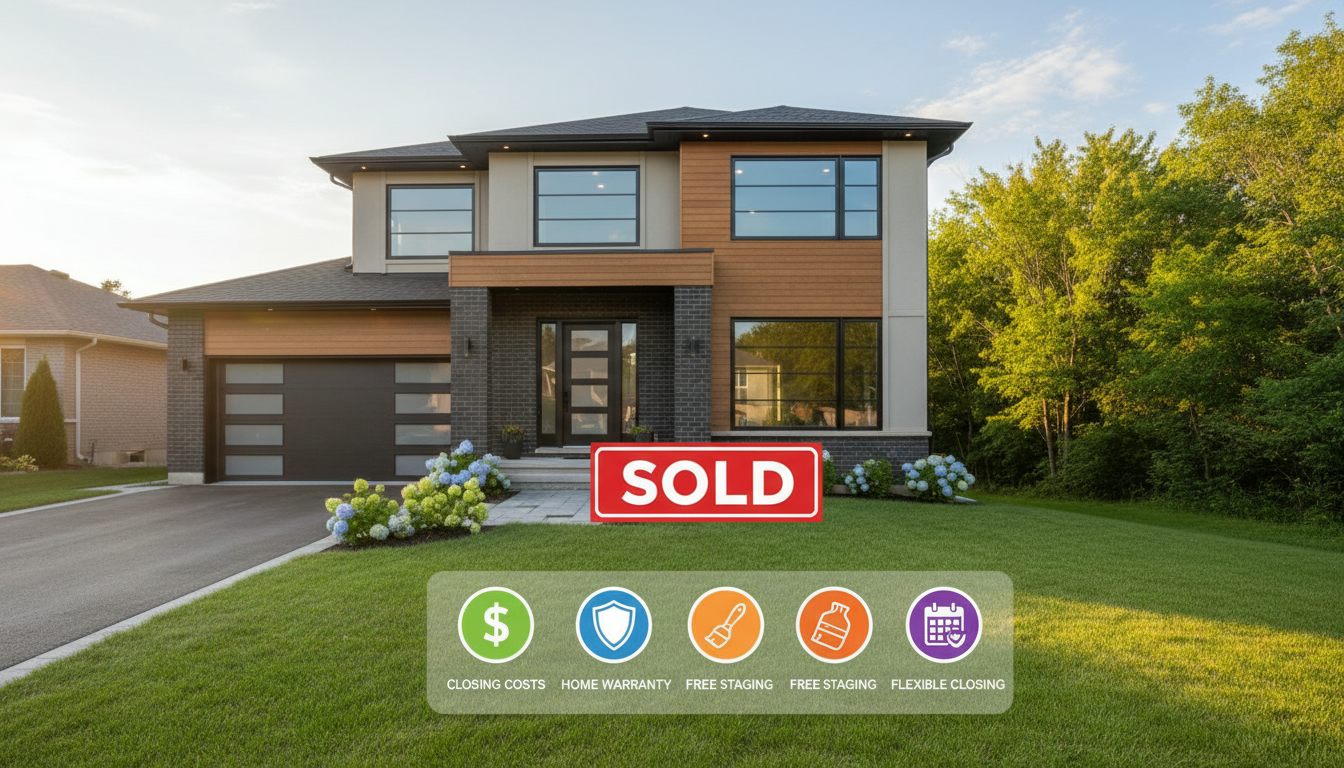 Georgetown Ontario home with Sold sign and icons for closing cost credit, home warranty, staging, and flexible closing.