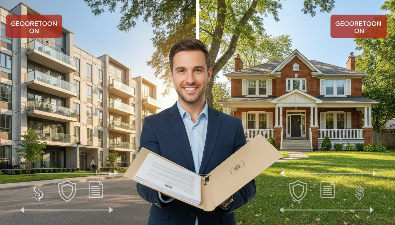 Split view of Georgetown condo and detached house with insurance icons and local realtor holding documents