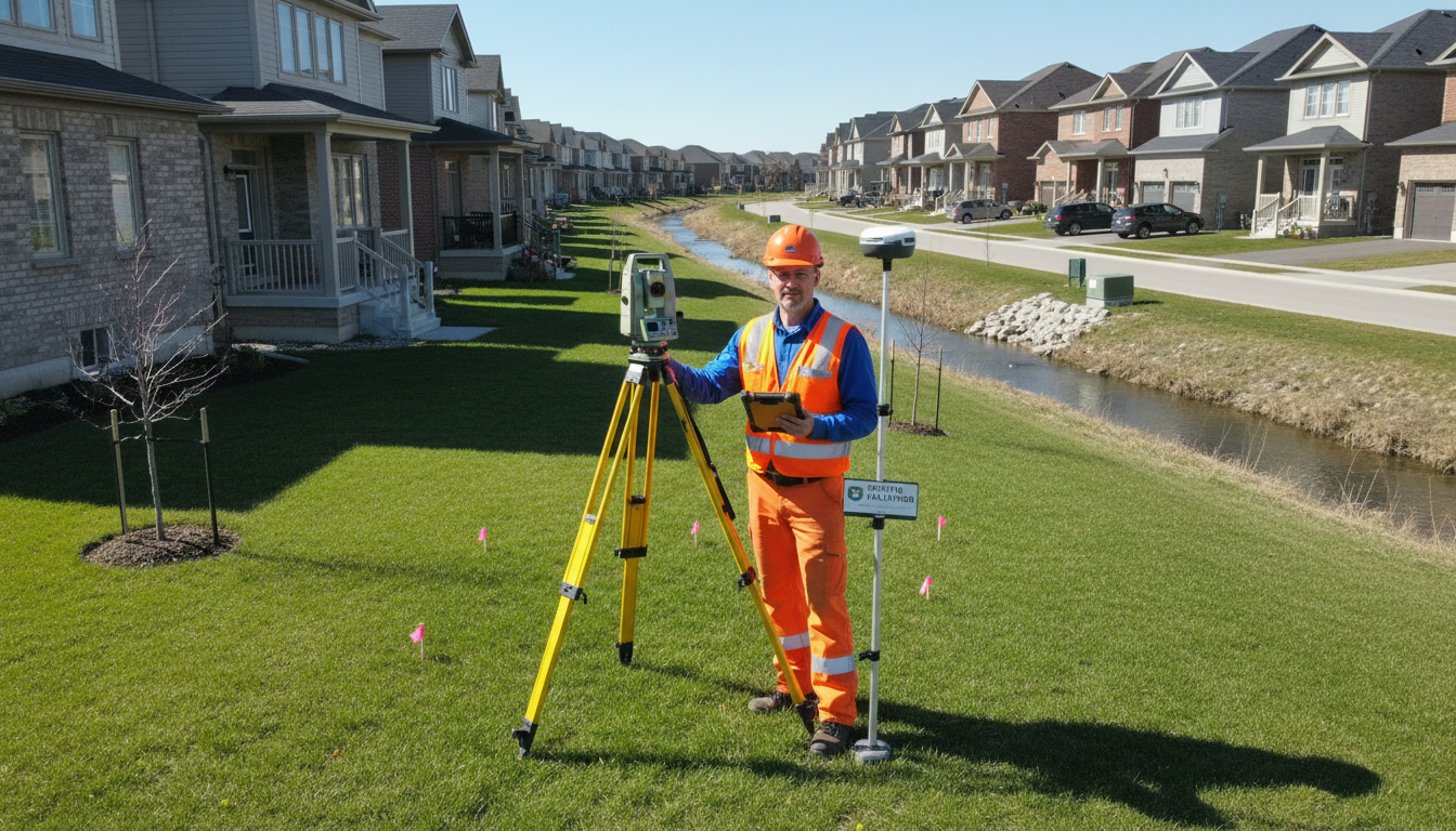 Surveyor verifying property boundary with tripod and GPS on a residential lot in Georgetown, Ontario