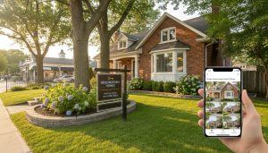 Georgetown Ontario detached home with For Sale sign and smartphone showing online listing