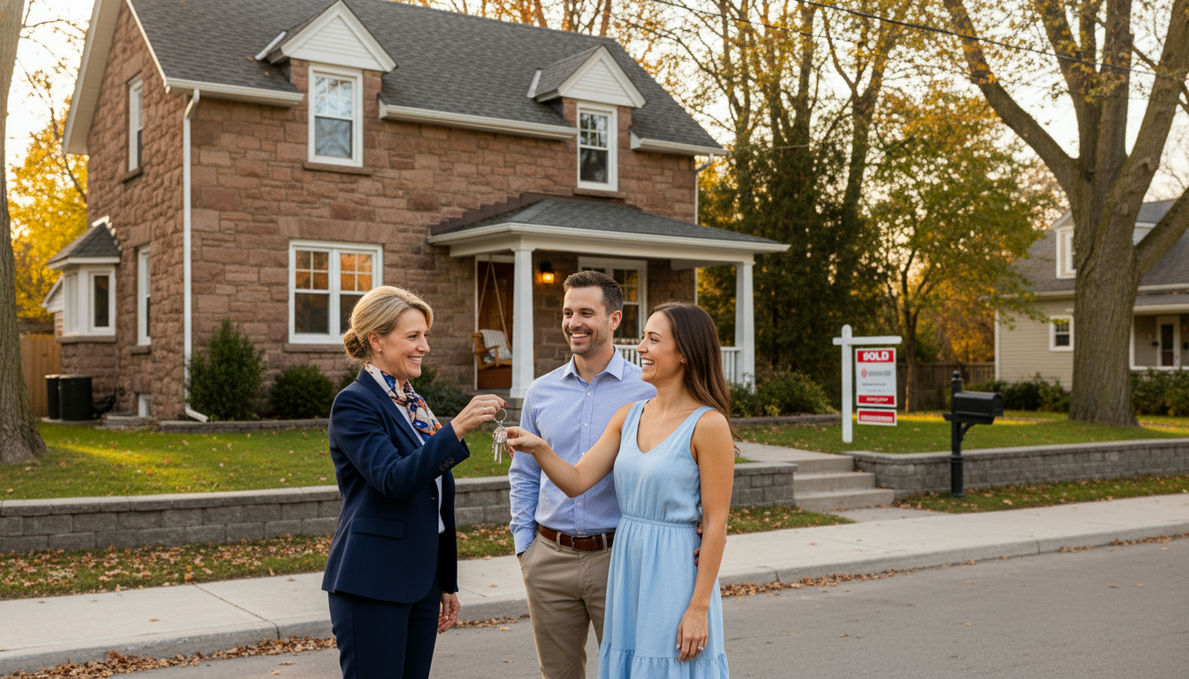 Realtor handing house keys to a smiling couple in front of a Georgetown, Ontario home with a Sold sign.