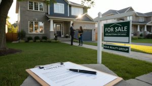Real estate contract and 'For Sale' sign outside a Georgetown, Ontario home