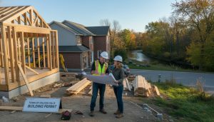 Georgetown Ontario house renovation with contractor reviewing building permit on clipboard in front of a home.