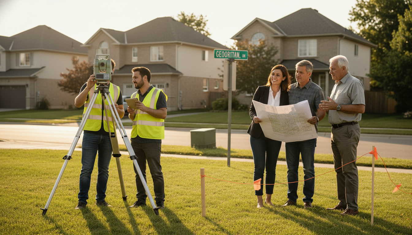 Surveyor measuring property boundary in Georgetown, Ontario while realtor reviews survey maps and legal documents