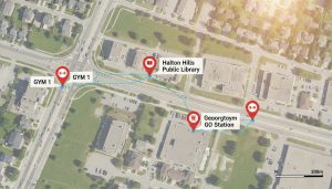 Aerial map of Georgetown Ontario showing gyms, library, and transit with walking routes highlighted