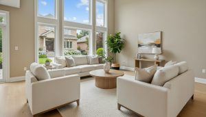 Staged living room in Georgetown, Ontario with neutral decor and no personal photos