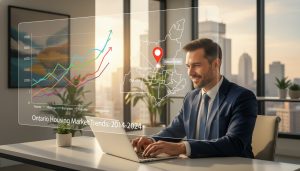 Realtor analyzing comparative housing price trend charts highlighting Georgetown on a map