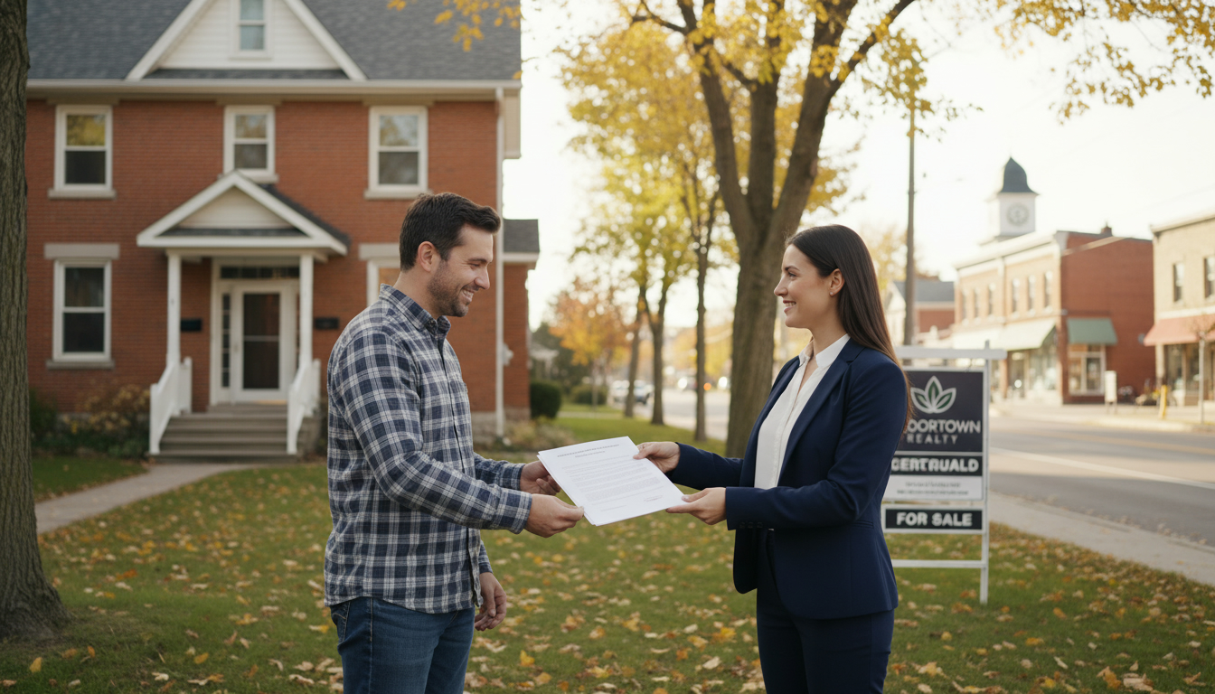 Realtor handing contract to homeowner in front of a Georgetown, Ontario home with For Sale sign