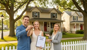 Young couple receiving house keys in front of a resale home in Georgetown, Ontario with a clipboard showing 'First-Time Buyer Program'.
