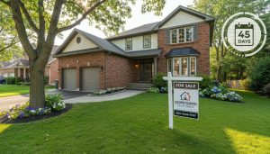 Georgetown Ontario house with For Sale sign and overlay showing 45 days on market