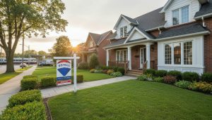 Well-staged Georgetown, Ontario home with 'For Sale' sign and curb appeal at golden hour