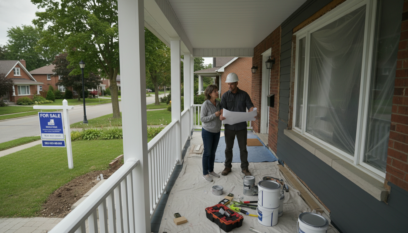 Contractor and homeowner discussing renovations at a Georgetown, Ontario house with For Sale sign on the lawn.