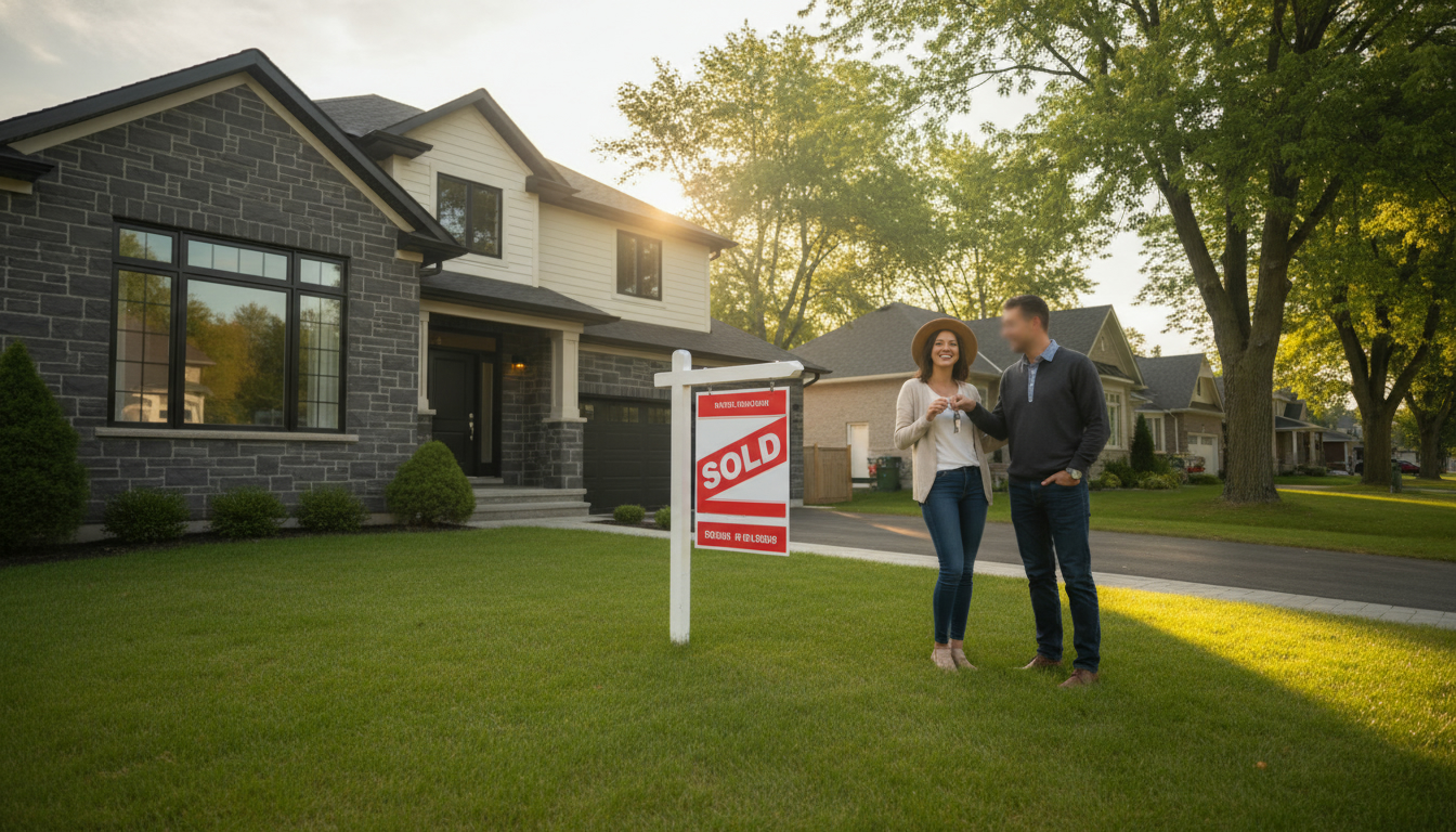 Detached Georgetown, Ontario home with a sold sign and realtor handing keys to new homeowners