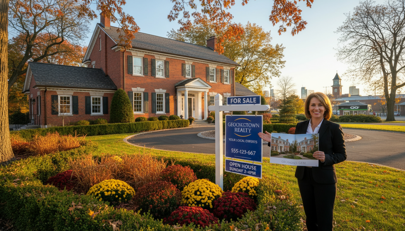 Historic estate home for sale in Georgetown, Ontario with a realtor and a 'For Sale' sign