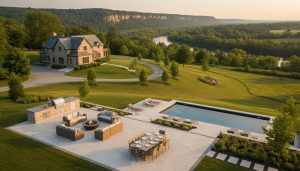 Aerial view of luxury rural property in Georgetown with patio, pool and mature trees at golden hour