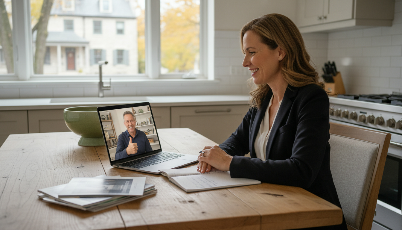 Georgetown home seller calmly negotiating with realtor over laptop at kitchen table