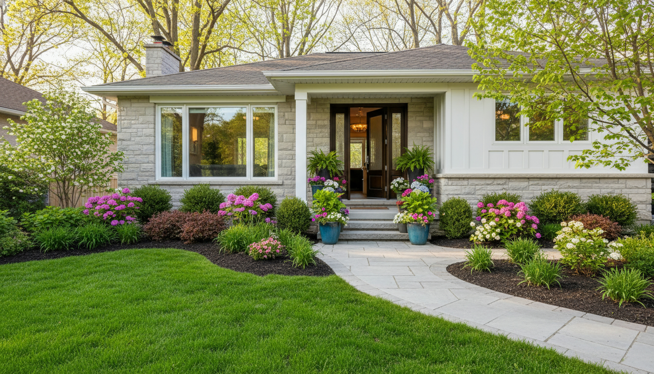 Georgetown Ontario home with upgraded landscaping: trimmed lawn, stone walkway, potted plants, and mulch beds showcasing strong curb appeal.
