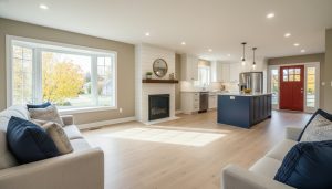 Staged Georgetown home interior with warm greige walls, navy accents, and a red front door visible through the entry