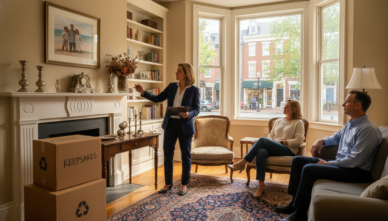 Staged living room in a historic Georgetown home with family photo on mantel and moving boxes labeled keepsakes.