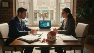 Realtor and lawyer reviewing mortgage payout documents for a home sale in Georgetown, Ontario with a small house model and keys on the table.