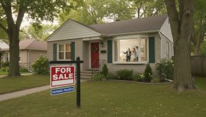 Staged Georgetown Ontario home during a showing with agent and couple touring living room