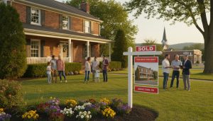 Georgetown Ontario home with sold sign and multiple buyers viewing the property during golden hour
