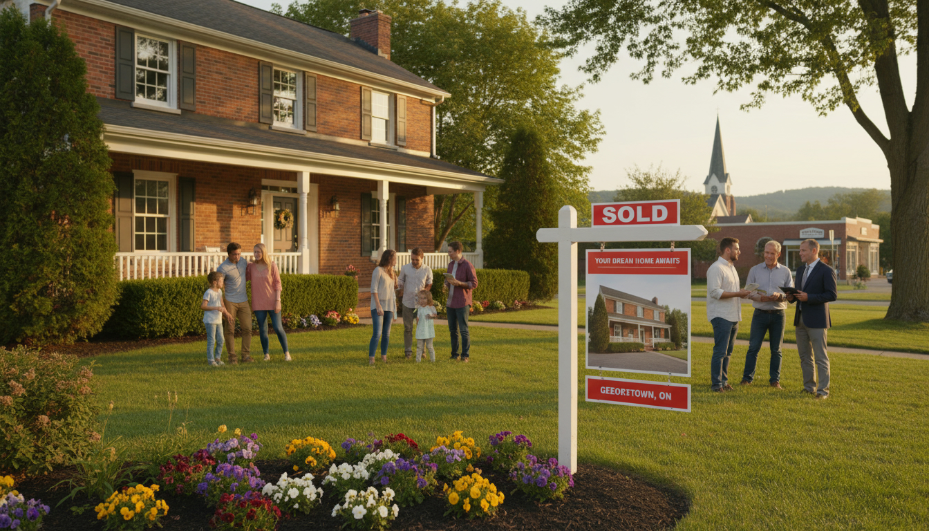 Georgetown Ontario home with sold sign and multiple buyers viewing the property during golden hour