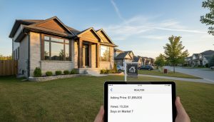 Georgetown Ontario home exterior with For Sale sign and realtor showing listing metrics on a smartphone
