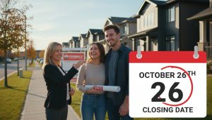 Georgetown house with for-sale sign and a calendar showing a circled closing date