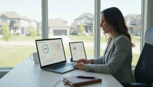 Realtor reviewing online listing view analytics for a Georgetown, Ontario home on laptop and tablet