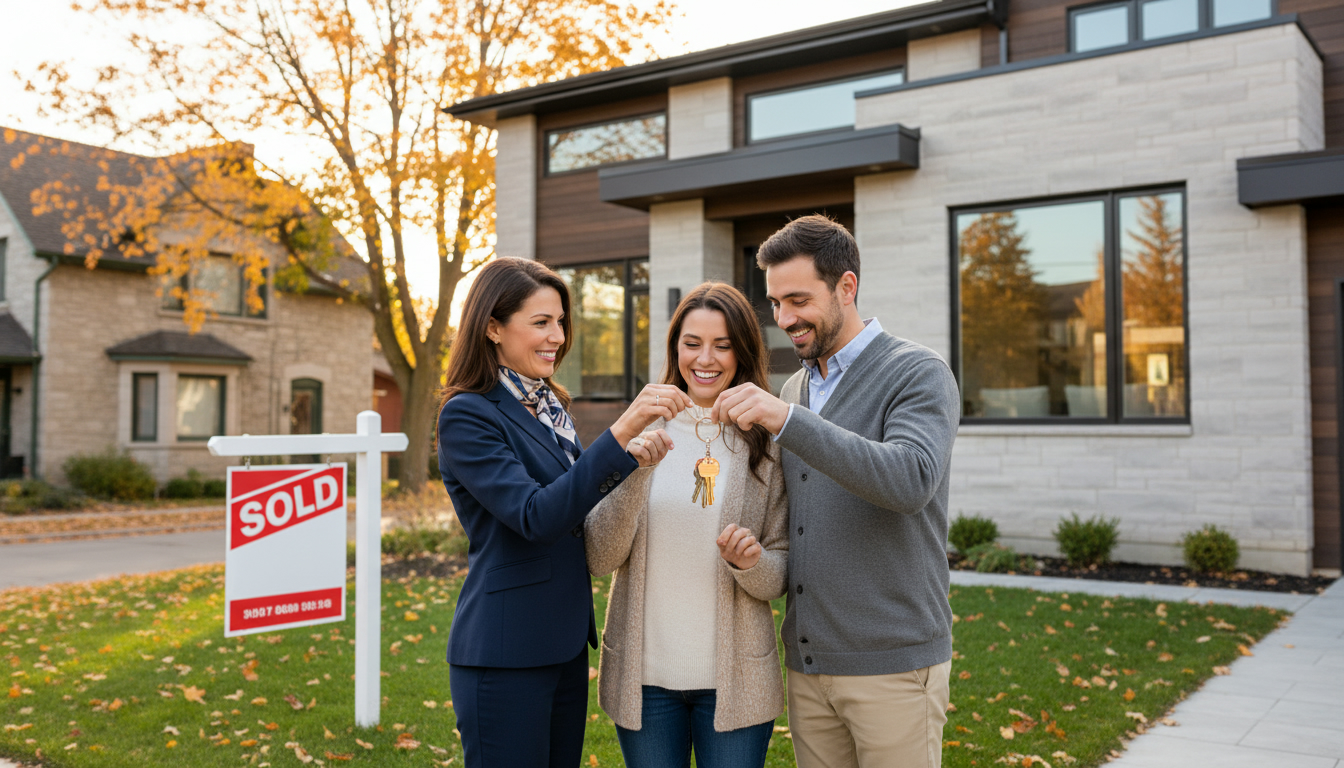 Realtor handing keys to homeowners in front of a sold house in Georgetown Ontario