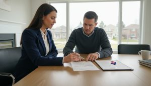 Homeowner and lawyer reviewing closing statement showing realtor commission in Georgetown, Ontario