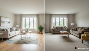 Split-view living room: engineered hardwood on left, worn beige carpet on right, staged for sale in Georgetown, Ontario.