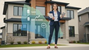 Realtor in front of a Georgetown, Ontario home holding tax documents and a calculator with a map of Georgetown in the background